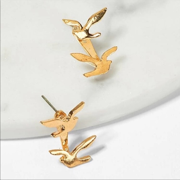GOLD DOUBLE SPARROW BIRD JACKET STUD EARRINGS - Picture 3 of 4